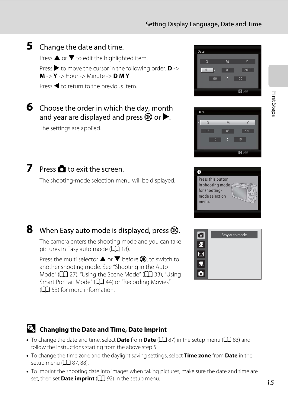 Change the date and time, Press a to exit the screen, When easy auto mode is displayed, press k | Nikon Coolpix L24 User Manual | Page 27 / 144