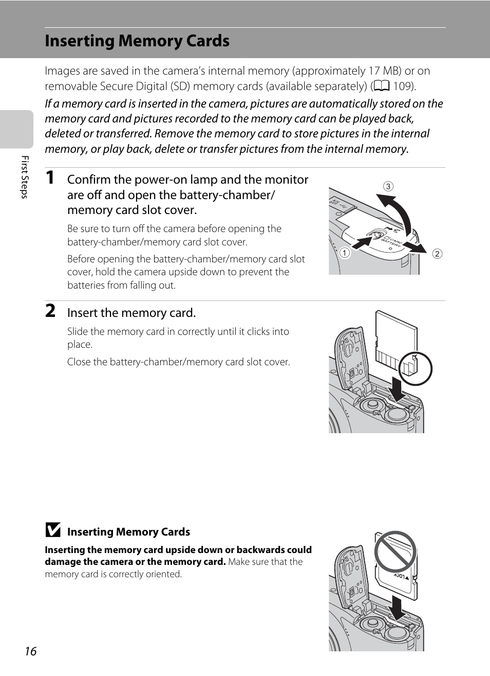 Inserting memory cards | Nikon Coolpix L24 User Manual | Page 28 / 144