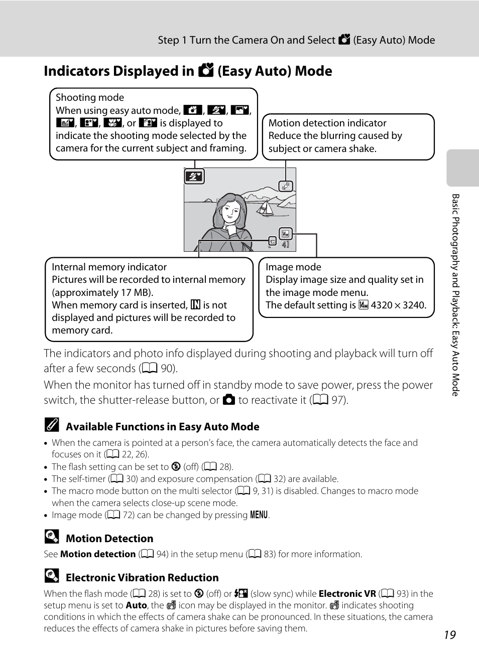 Indicators displayed in easy auto mode, Indicators displayed in g (easy auto) mode | Nikon Coolpix L24 User Manual | Page 31 / 144