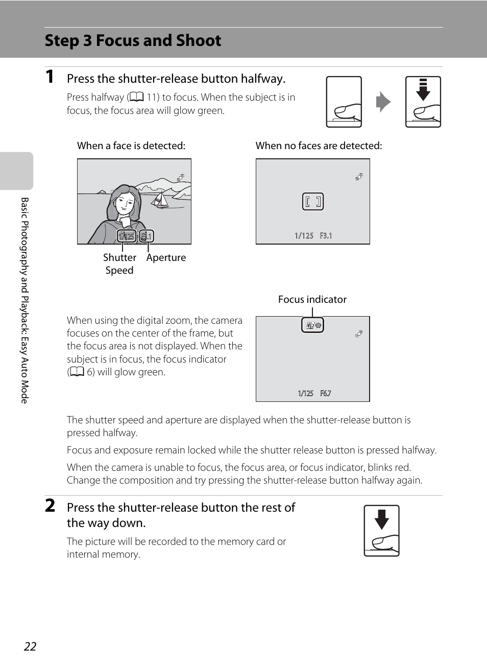 Step 3 focus and shoot, S on it, Press the shutter-release button halfway | Nikon Coolpix L24 User Manual | Page 34 / 144