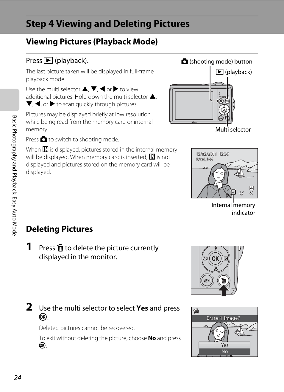 Step 4 viewing and deleting pictures, Viewing pictures (playback mode), Deleting pictures | Viewing pictures (playback mode) deleting pictures, Press c (playback), Use the multi selector to select yes and press k | Nikon Coolpix L24 User Manual | Page 36 / 144