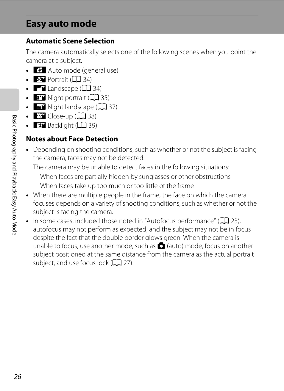 Easy auto mode, Ee “notes about face detection, A 26) f | Nikon Coolpix L24 User Manual | Page 38 / 144