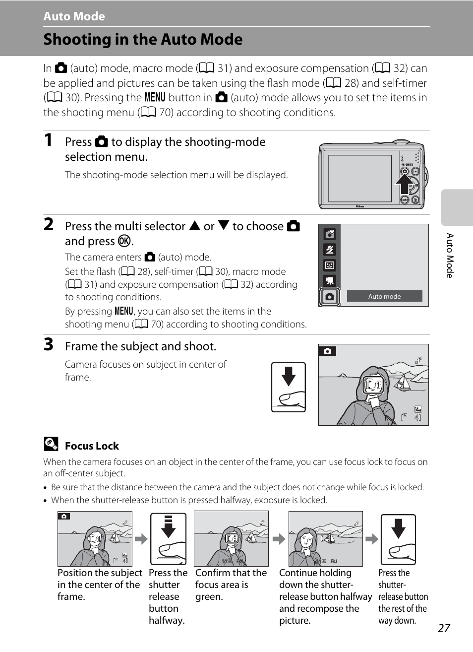 Auto mode, Shooting in the auto mode, A auto mode | A 27), A 27), “using, Frame the subject and shoot | Nikon Coolpix L24 User Manual | Page 39 / 144