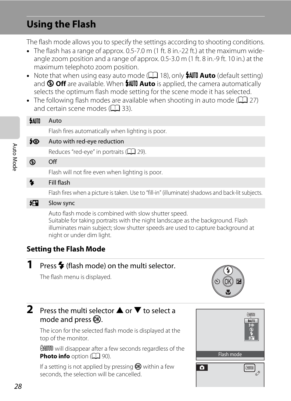 Using the flash, A 28)/se, A 28 | A 28) and self, A 28) | Nikon Coolpix L24 User Manual | Page 40 / 144