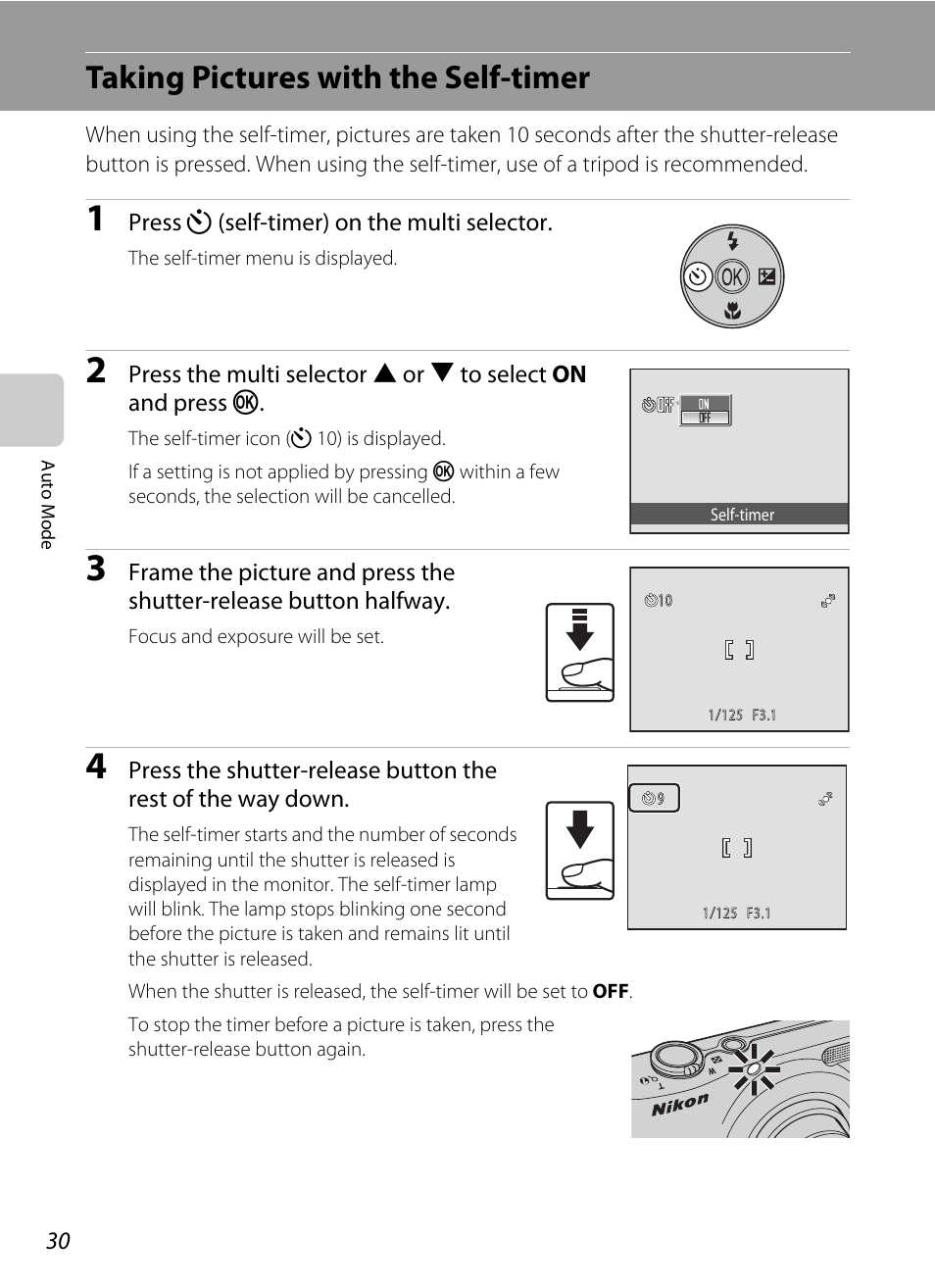 Taking pictures with the self-timer, A 30), A 30 | A 30), ma | Nikon Coolpix L24 User Manual | Page 42 / 144