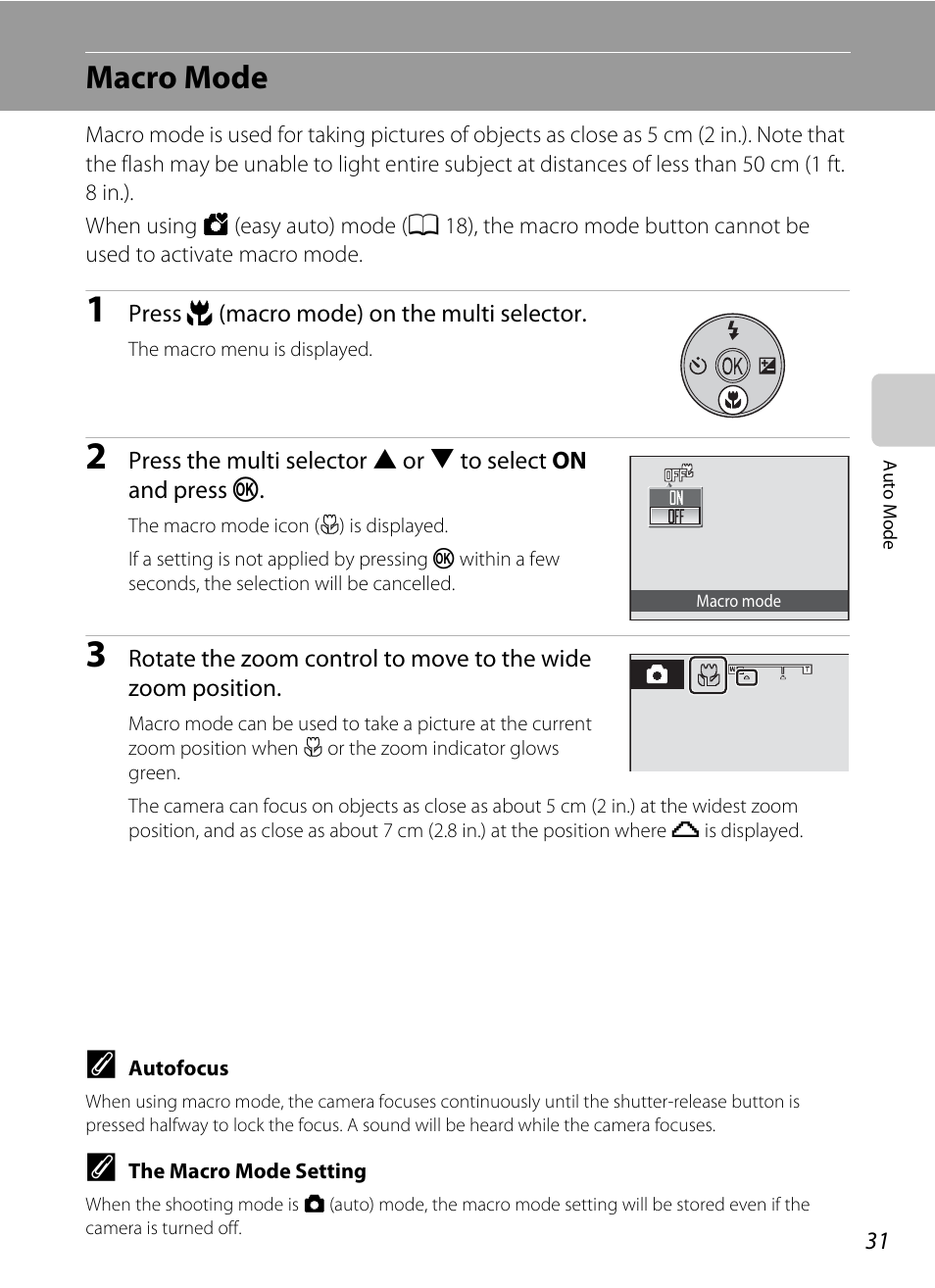 Macro mode, A 31), 31) i | A 31) and exposur | Nikon Coolpix L24 User Manual | Page 43 / 144