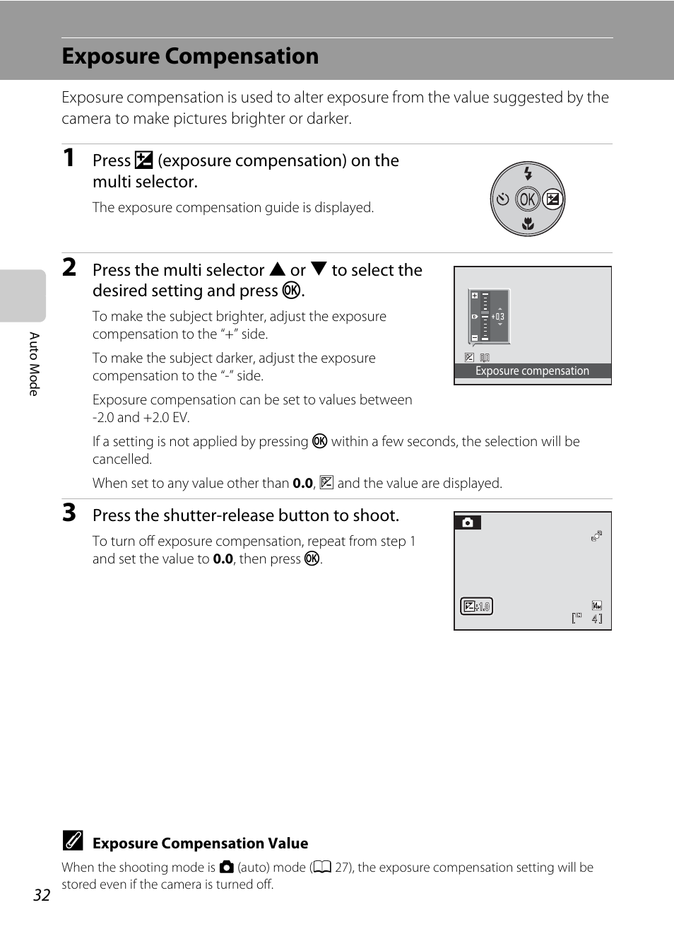 Exposure compensation, Guide (a 32, A 32) are | A 32) can, A 32) a | Nikon Coolpix L24 User Manual | Page 44 / 144