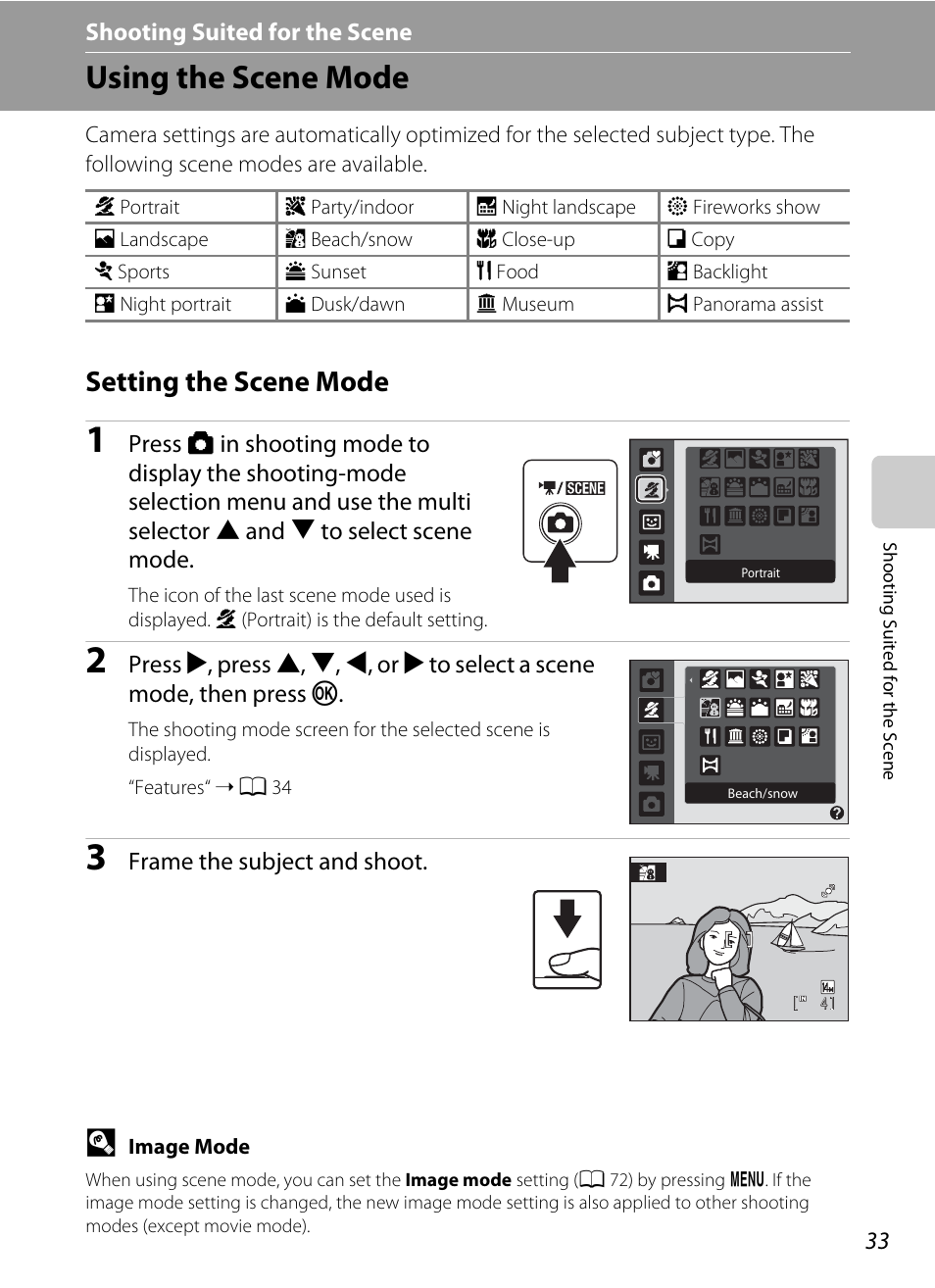 Shooting suited for the scene, Using the scene mode, Setting the scene mode | C shooting suited for the scene, A 33), The scene mode” (a 33), A 33 | Nikon Coolpix L24 User Manual | Page 45 / 144