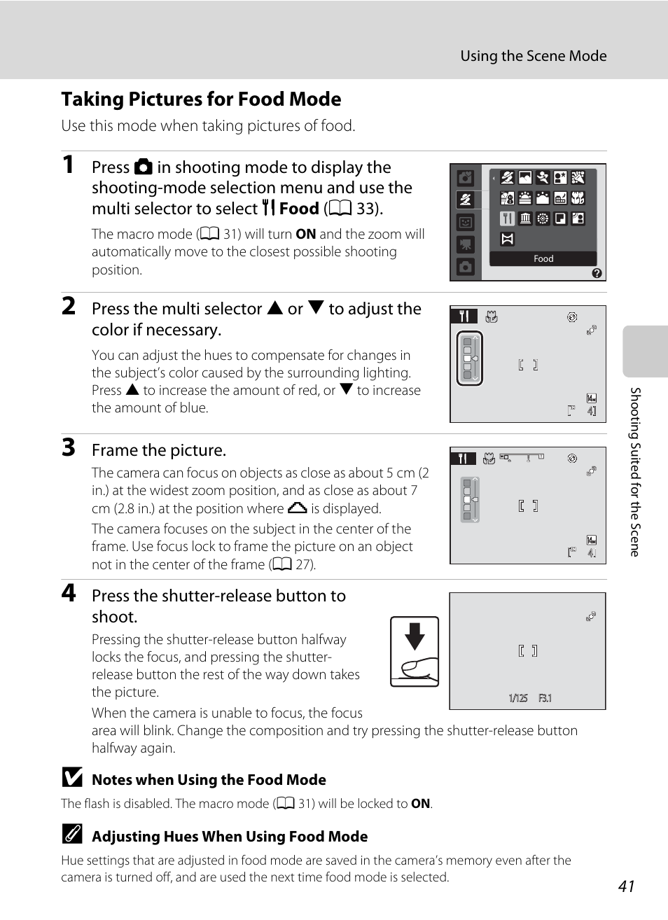 Taking pictures for food mode, E “taking pictures for food mode, A 41) for | Nikon Coolpix L24 User Manual | Page 53 / 144