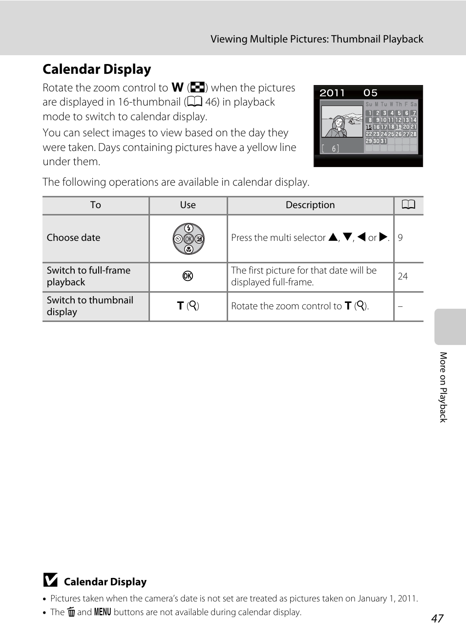 Calendar display, A 47) | Nikon Coolpix L24 User Manual | Page 59 / 144