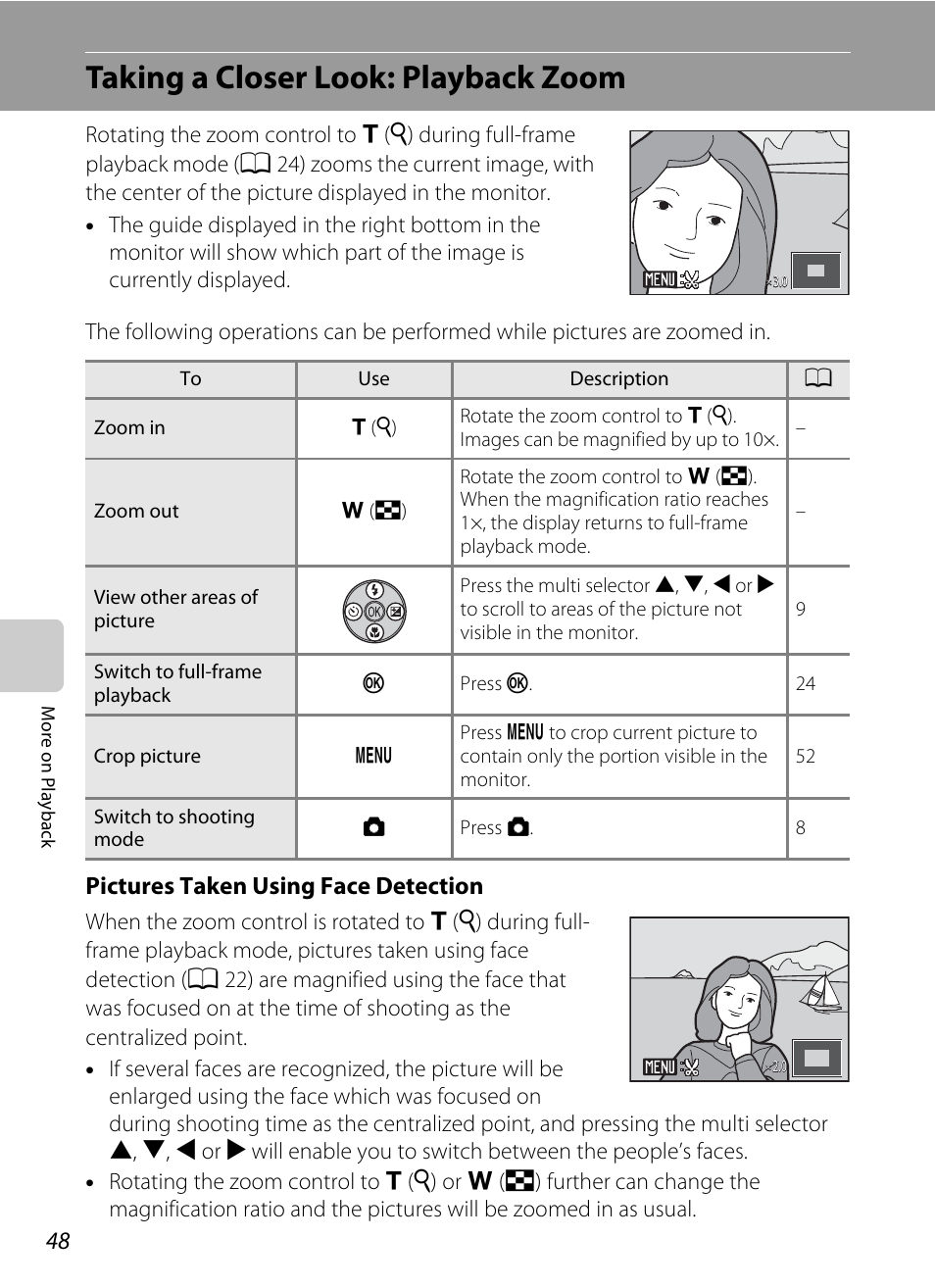 Taking a closer look: playback zoom, Pictures taken using face detection | Nikon Coolpix L24 User Manual | Page 60 / 144