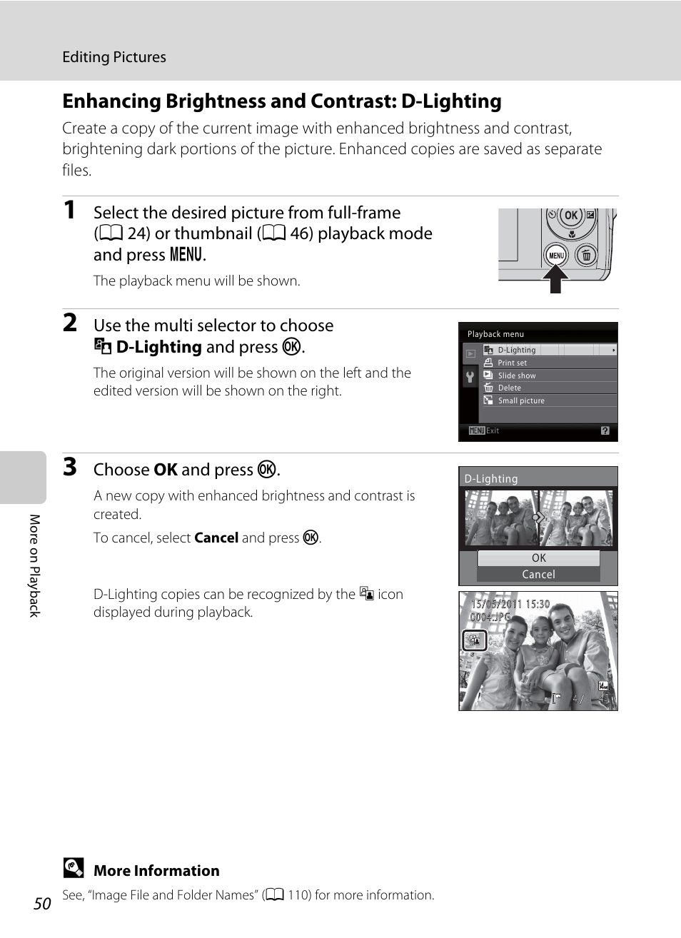 Enhancing brightness and contrast: d-lighting, Lighting (a 50), Choose ok and press k | Nikon Coolpix L24 User Manual | Page 62 / 144