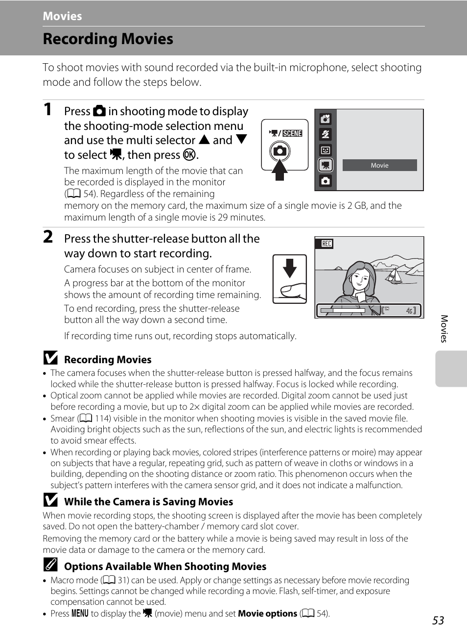 Movies, Recording movies, D movies | A 53), A 53) for | Nikon Coolpix L24 User Manual | Page 65 / 144