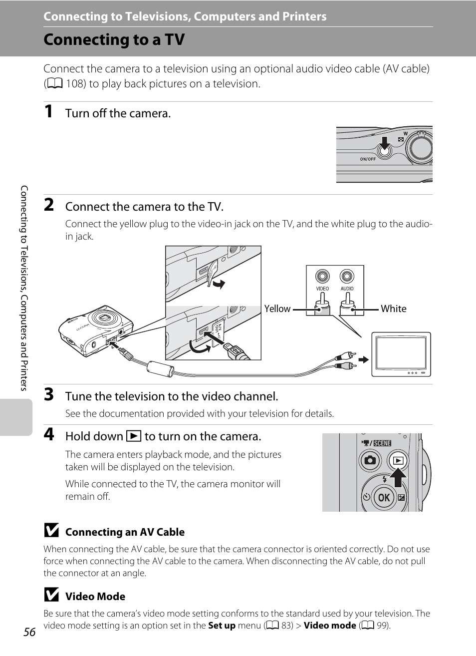 Connecting to televisions, computers and printers, Connecting to a tv | Nikon Coolpix L24 User Manual | Page 68 / 144