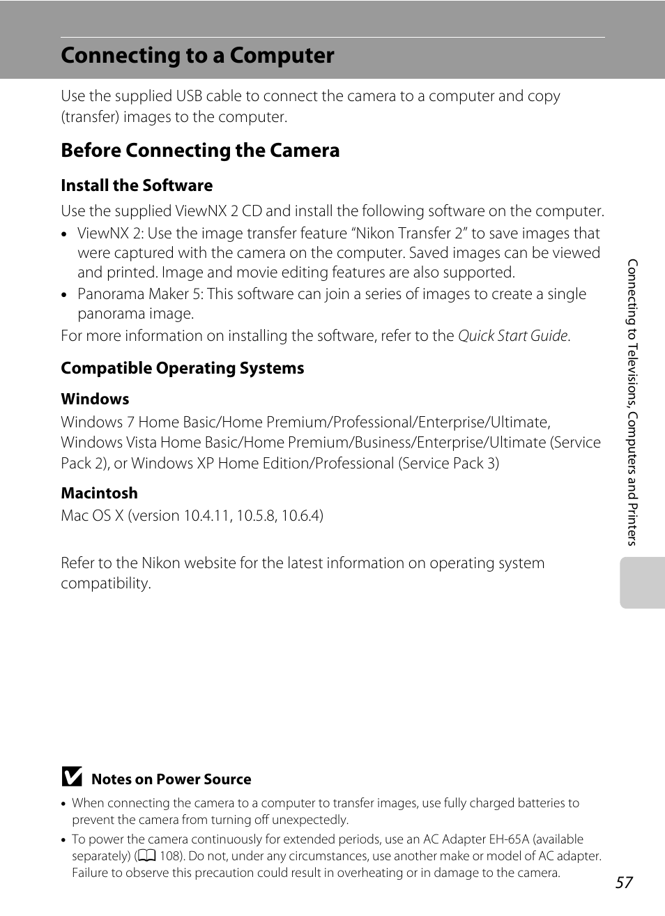 Connecting to a computer, Before connecting the camera, Install the software | Compatible operating systems | Nikon Coolpix L24 User Manual | Page 69 / 144