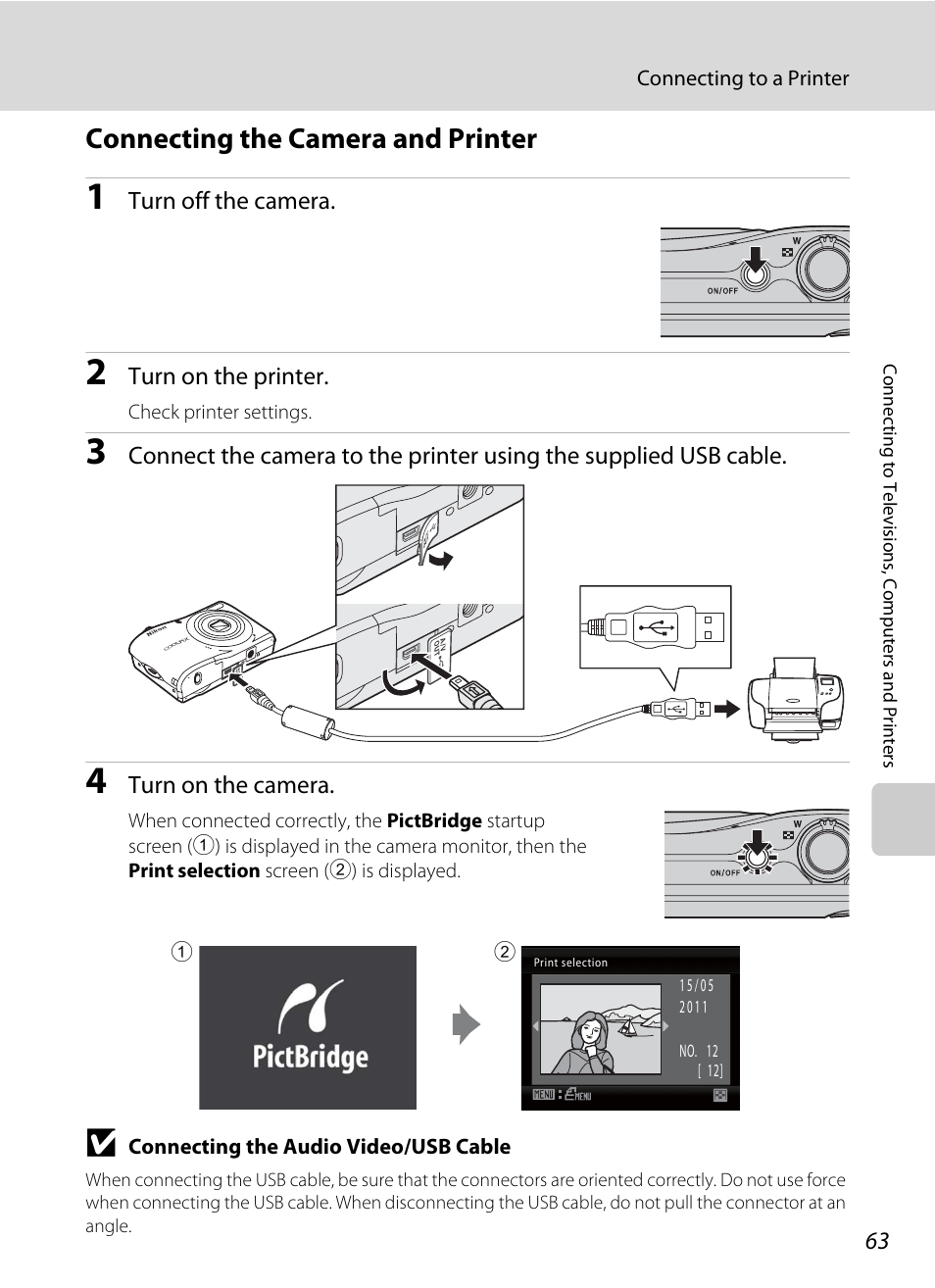 Connecting the camera and printer, A 63) | Nikon Coolpix L24 User Manual | Page 75 / 144