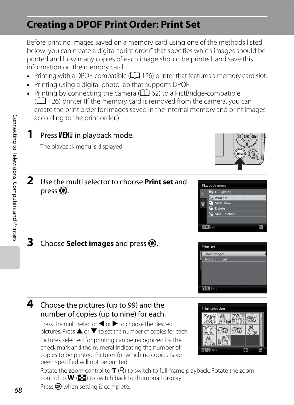 Creating a dpof print order: print set, A 68) and, A 68) and p | A 68), A 68, Press d in playback mode, Choose select images and press k | Nikon Coolpix L24 User Manual | Page 80 / 144