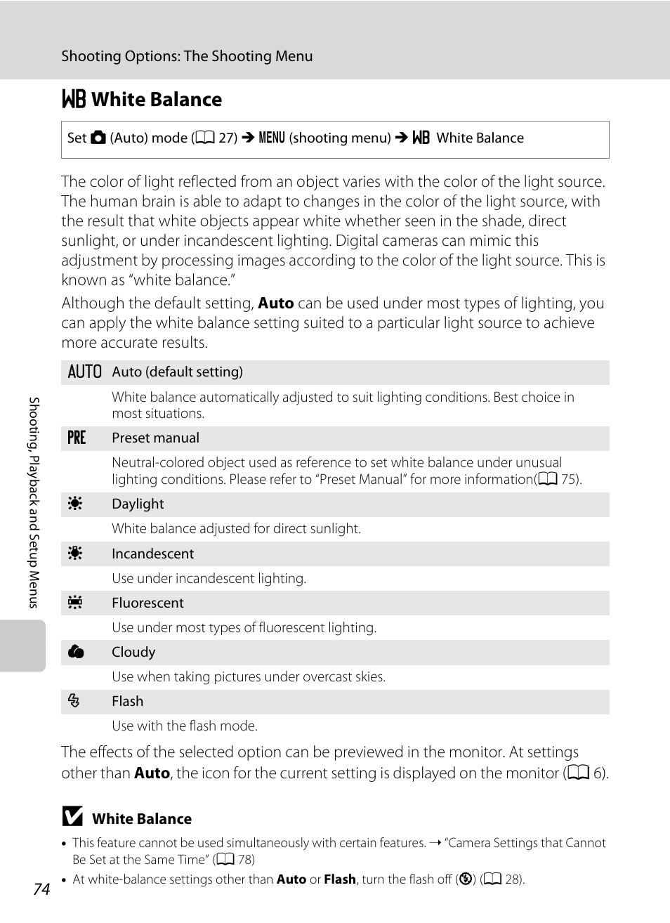 White balance, B white balance, A 74 | Nikon Coolpix L24 User Manual | Page 86 / 144