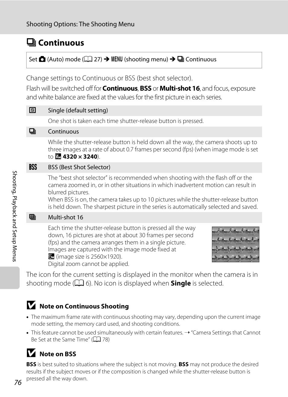 Continuous, C continuous, T (a 76 | A 76 | Nikon Coolpix L24 User Manual | Page 88 / 144