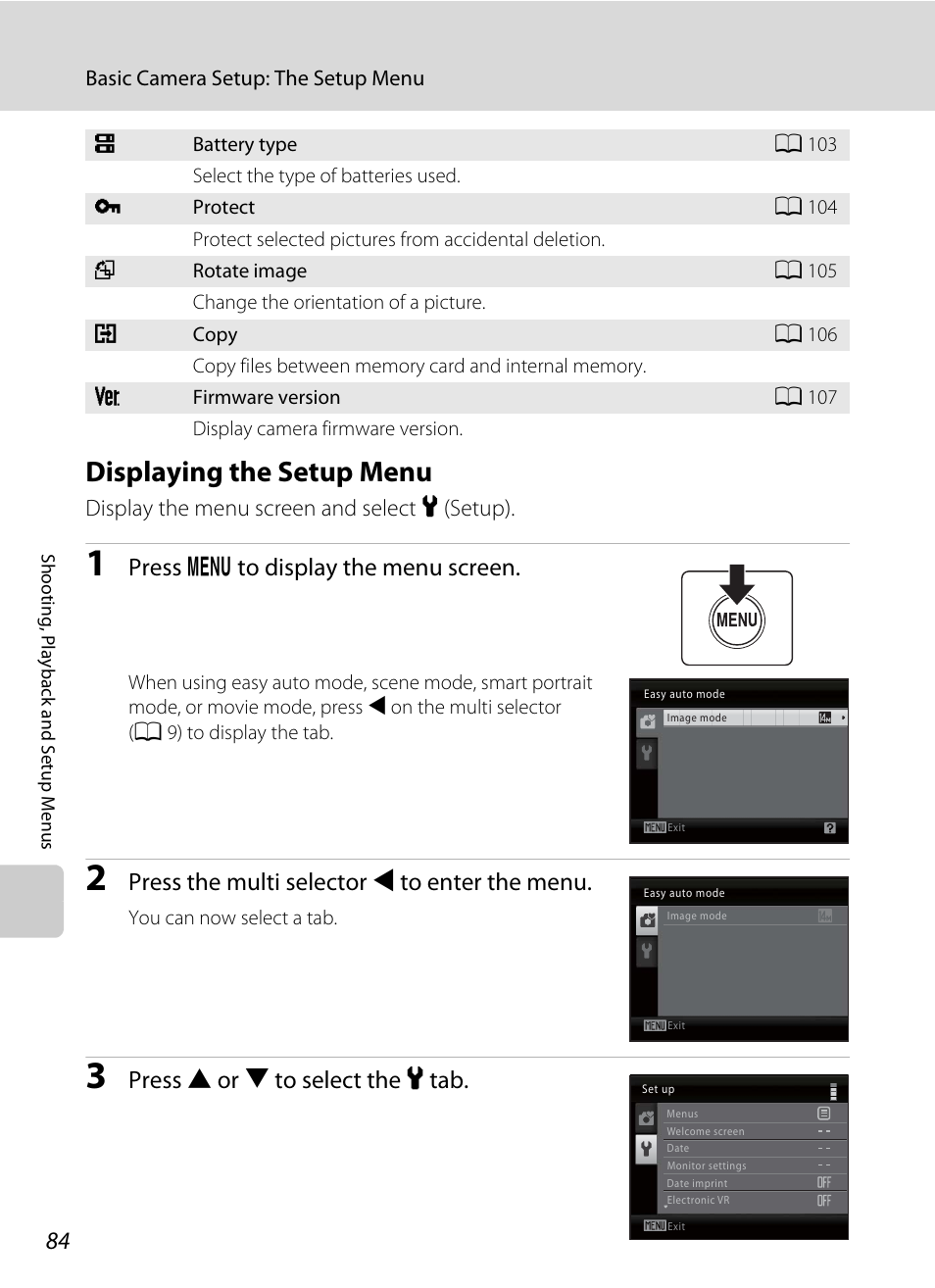 Displaying the setup menu, Press d to display the menu screen, Press the multi selector j to enter the menu | Press h or i to select the z tab | Nikon Coolpix L24 User Manual | Page 96 / 144