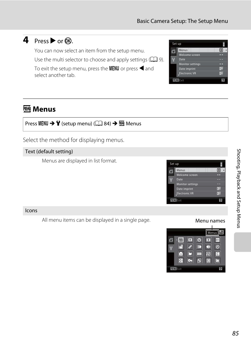 Menus, A menus, A 85 | Press k or k, Select the method for displaying menus, Basic camera setup: the setup menu | Nikon Coolpix L24 User Manual | Page 97 / 144