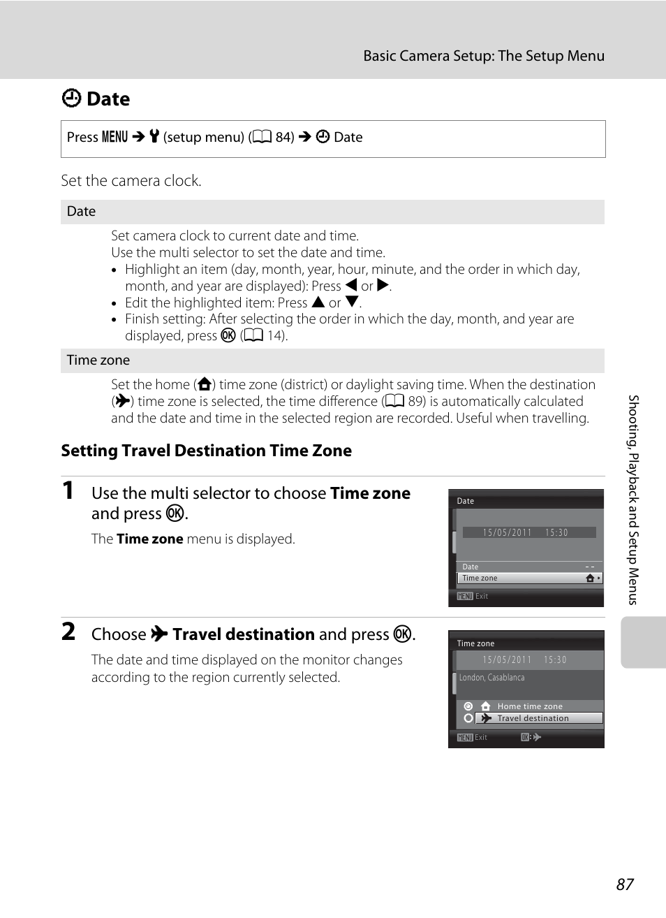 Date, D date, A 87) in | A 87, 88), A 87, Setting travel destination time zone, Choose x travel destination and press k | Nikon Coolpix L24 User Manual | Page 99 / 144