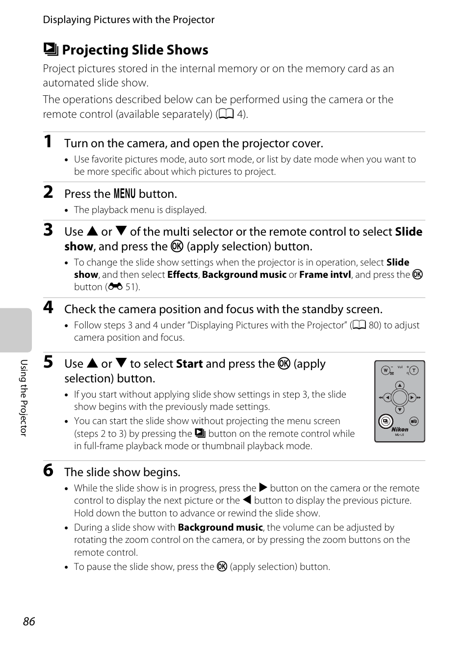 Projecting slide shows, B projecting slide shows, B projecting | Slide shows, A 86) | Nikon S1200PJ User Manual | Page 104 / 228