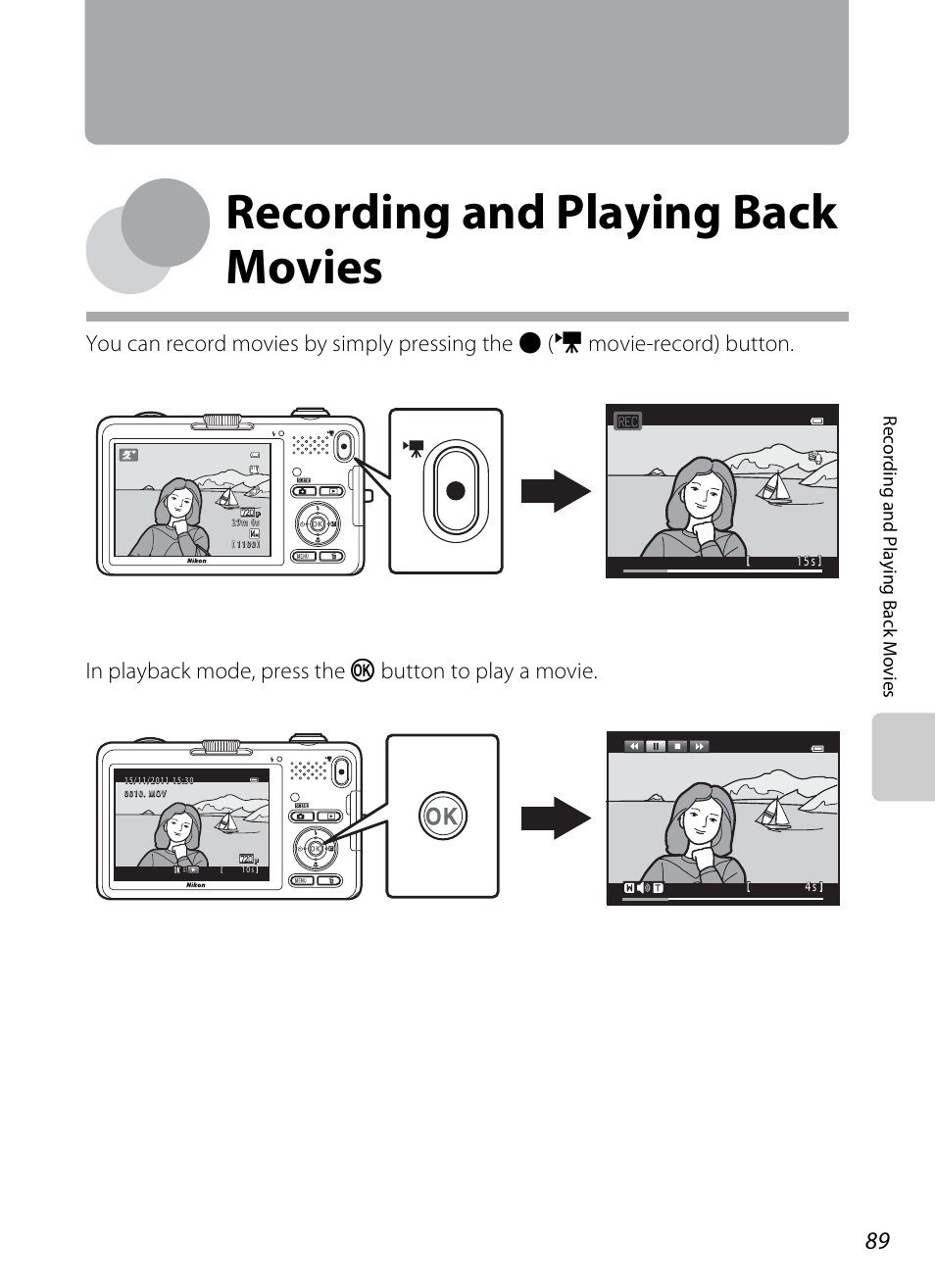 Recording and playing back movies | Nikon S1200PJ User Manual | Page 107 / 228