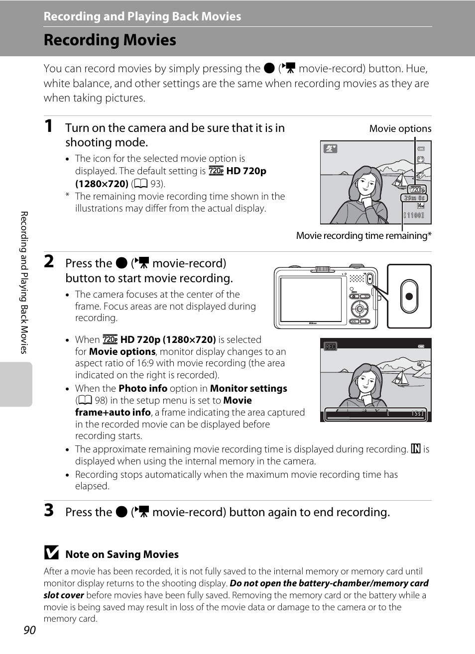 Recording movies, Recording and playing back movies | Nikon S1200PJ User Manual | Page 108 / 228