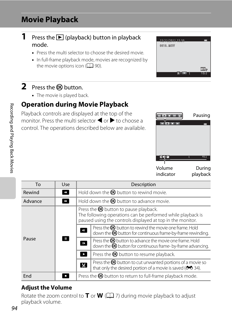 Movie playback, Operation during movie playback, A 94) | Press the c (playback) button in playback mode, Press the k button, Adjust the volume | Nikon S1200PJ User Manual | Page 112 / 228