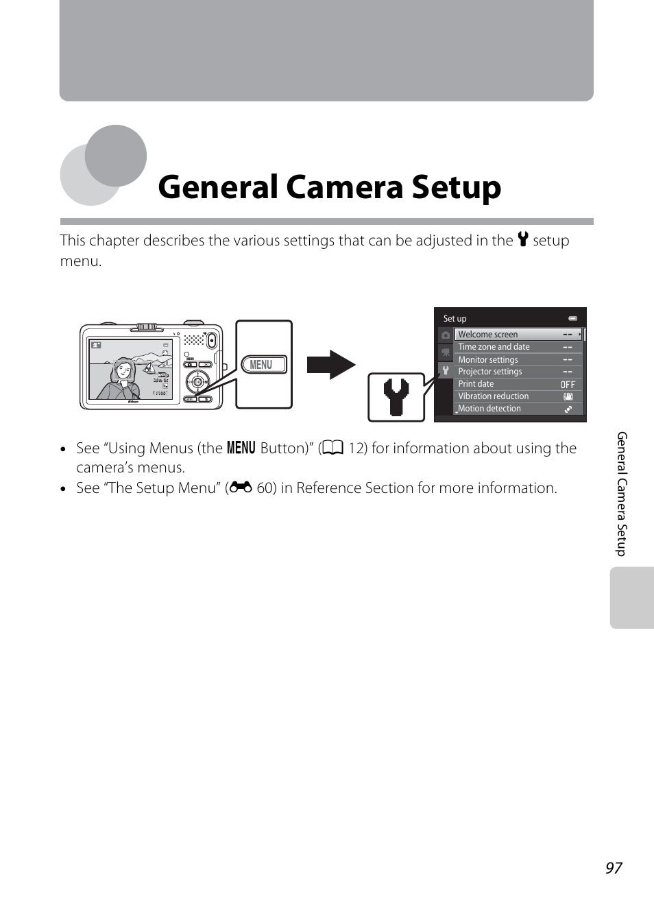 General camera setup | Nikon S1200PJ User Manual | Page 115 / 228