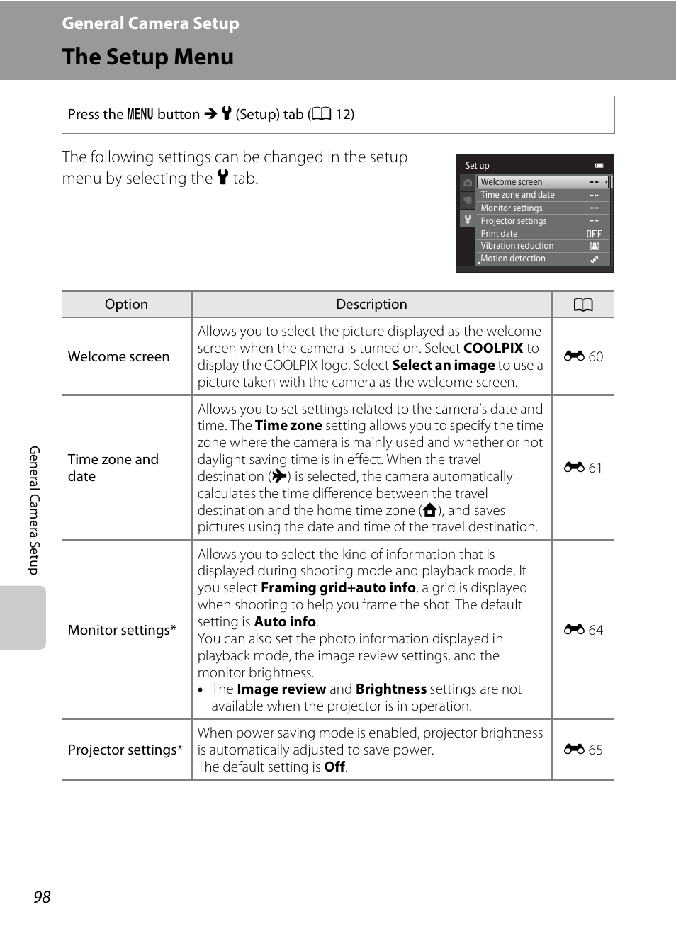 The setup menu, A 98), A 98 | A 98) when, A 98) and, General camera setup | Nikon S1200PJ User Manual | Page 116 / 228