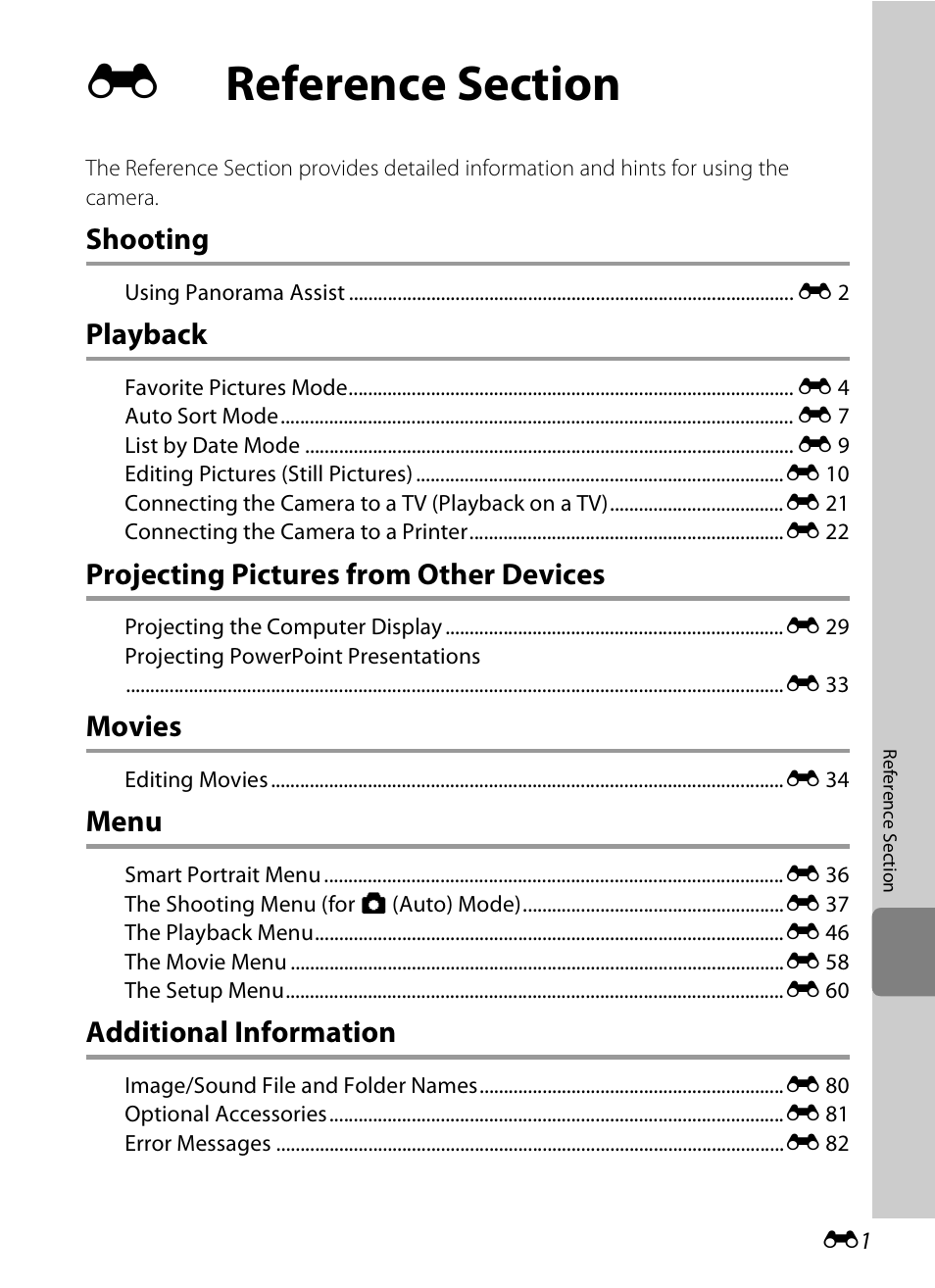 Reference section, Shooting, Playback | Projecting pictures from other devices, Movies, Menu, Additional information | Nikon S1200PJ User Manual | Page 119 / 228