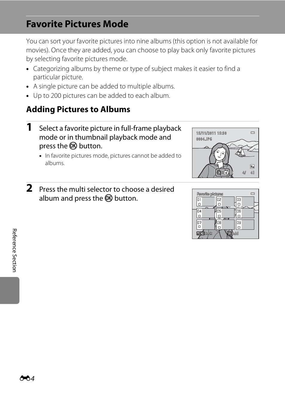 Favorite pictures mode, Adding pictures to albums, Favorite pictures mode” (e 4) | Nikon S1200PJ User Manual | Page 122 / 228