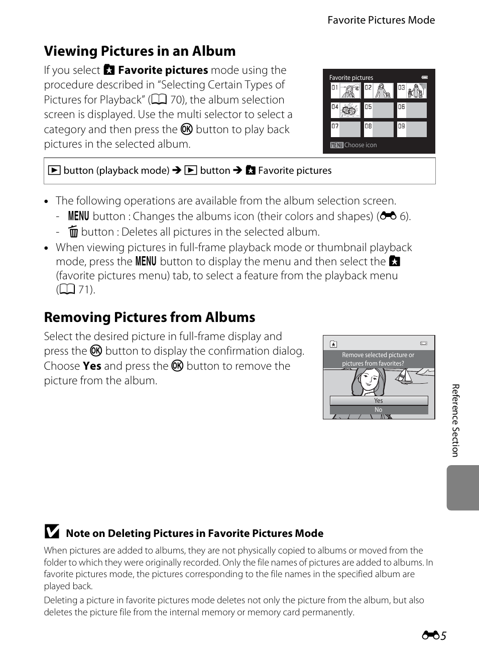 Viewing pictures in an album, Removing pictures from albums, E 5) | Nikon S1200PJ User Manual | Page 123 / 228