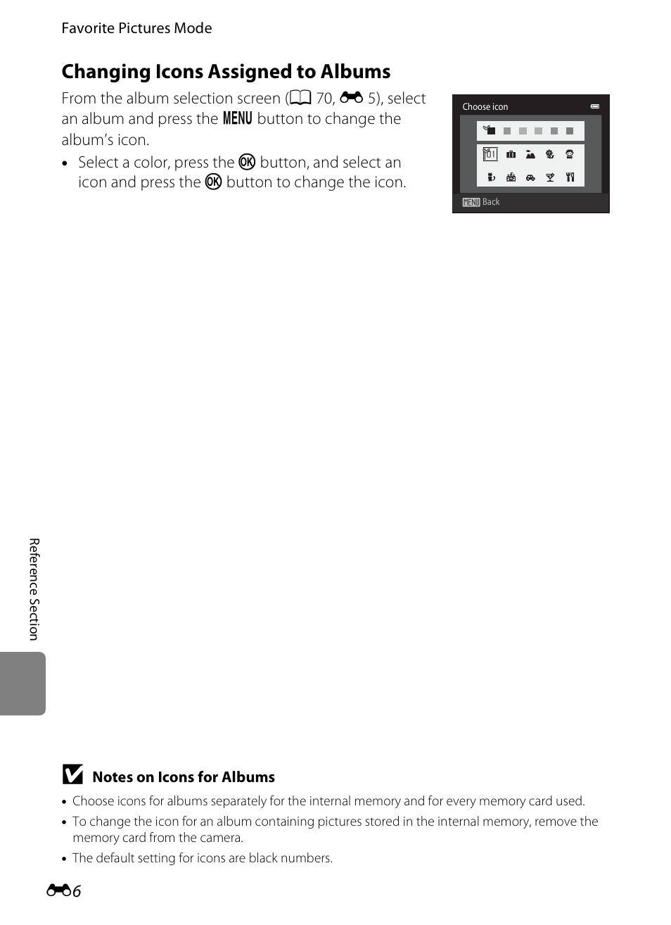 Changing icons assigned to albums, E 6) | Nikon S1200PJ User Manual | Page 124 / 228