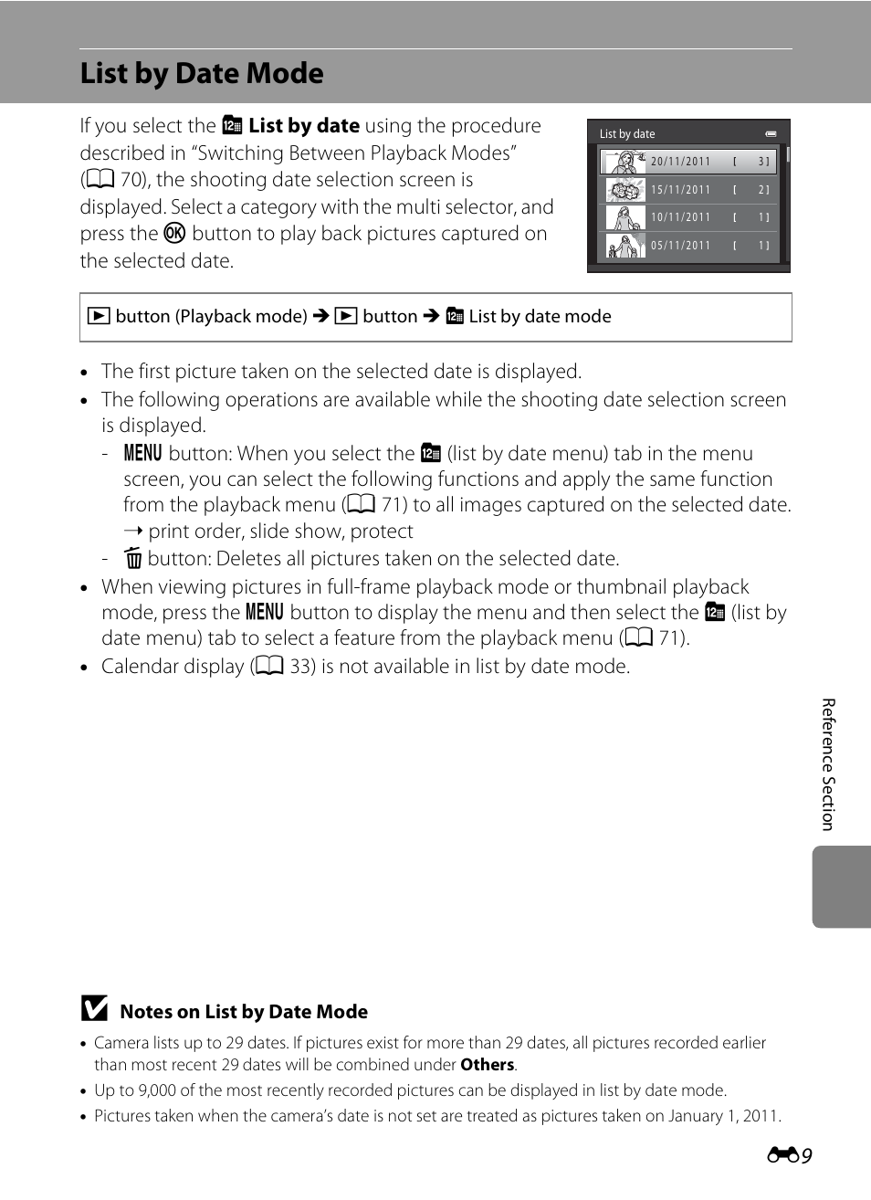 List by date mode, List by date mode” (e 9), Een (e 9) | E 9) | Nikon S1200PJ User Manual | Page 127 / 228