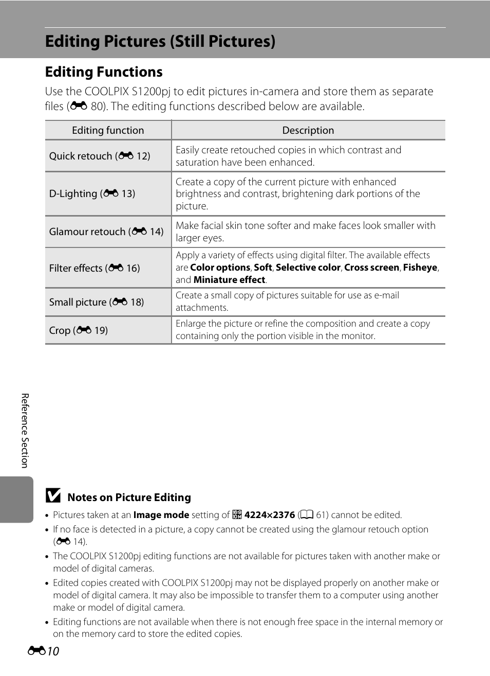 Editing pictures (still pictures), Editing functions, E 10 | E 10) a | Nikon S1200PJ User Manual | Page 128 / 228