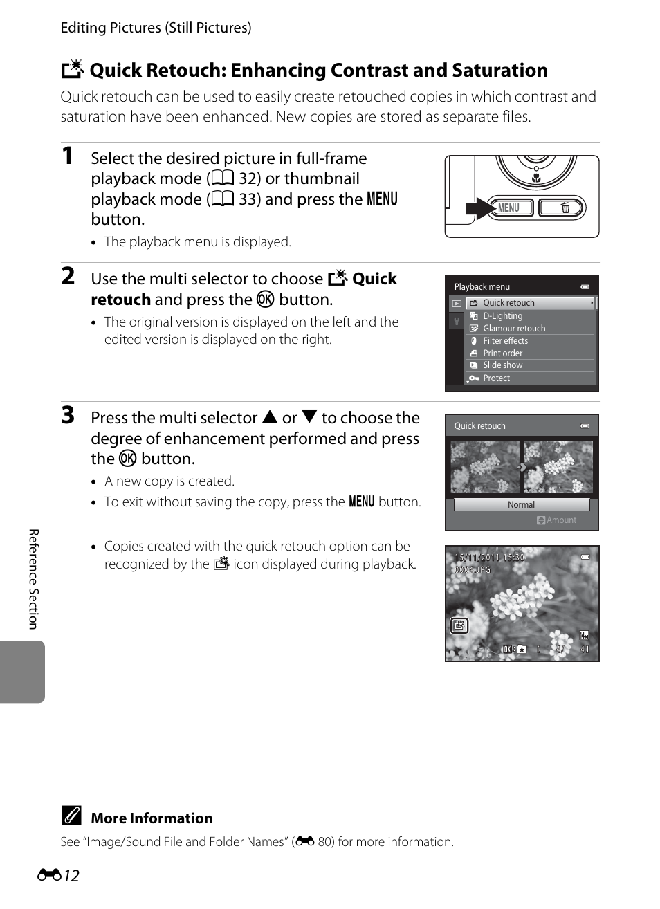 Quick retouch: enhancing contrast and saturation, K quick retouch: enhancing contrast and saturation, E 12 | E 12) | Nikon S1200PJ User Manual | Page 130 / 228