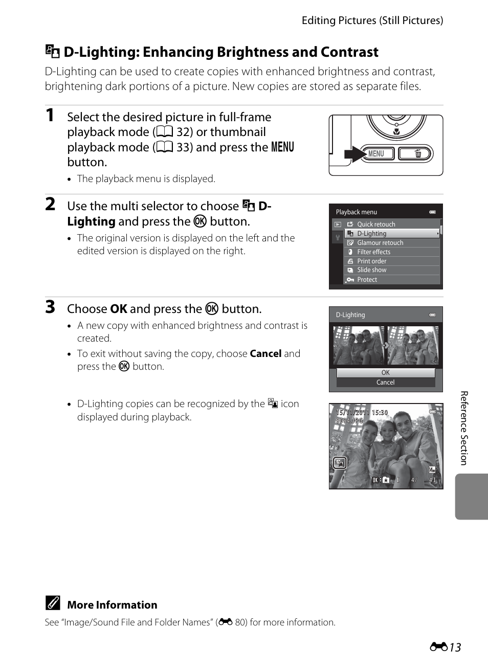 D-lighting: enhancing brightness and contrast, I d-lighting: enhancing brightness and contrast, E 13 | E 13), Choose ok and press the k button | Nikon S1200PJ User Manual | Page 131 / 228