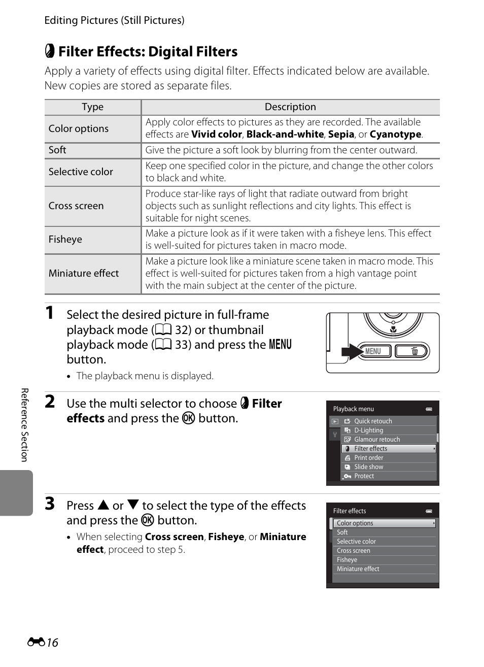 Filter effects: digital filters, P filter effects: digital filters, E 16 | Nikon S1200PJ User Manual | Page 134 / 228