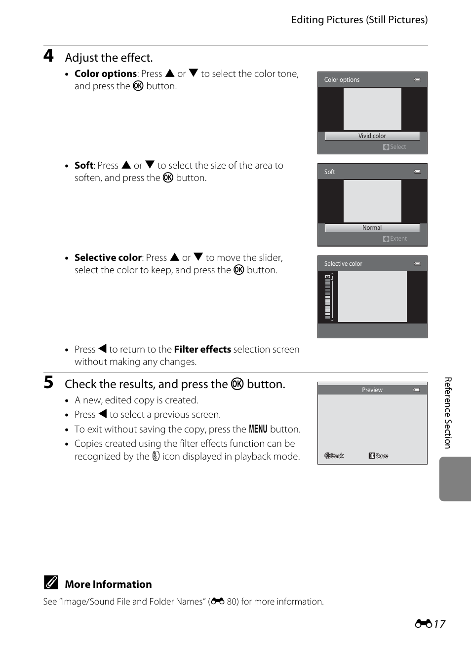 Adjust the effect, Check the results, and press the k button | Nikon S1200PJ User Manual | Page 135 / 228