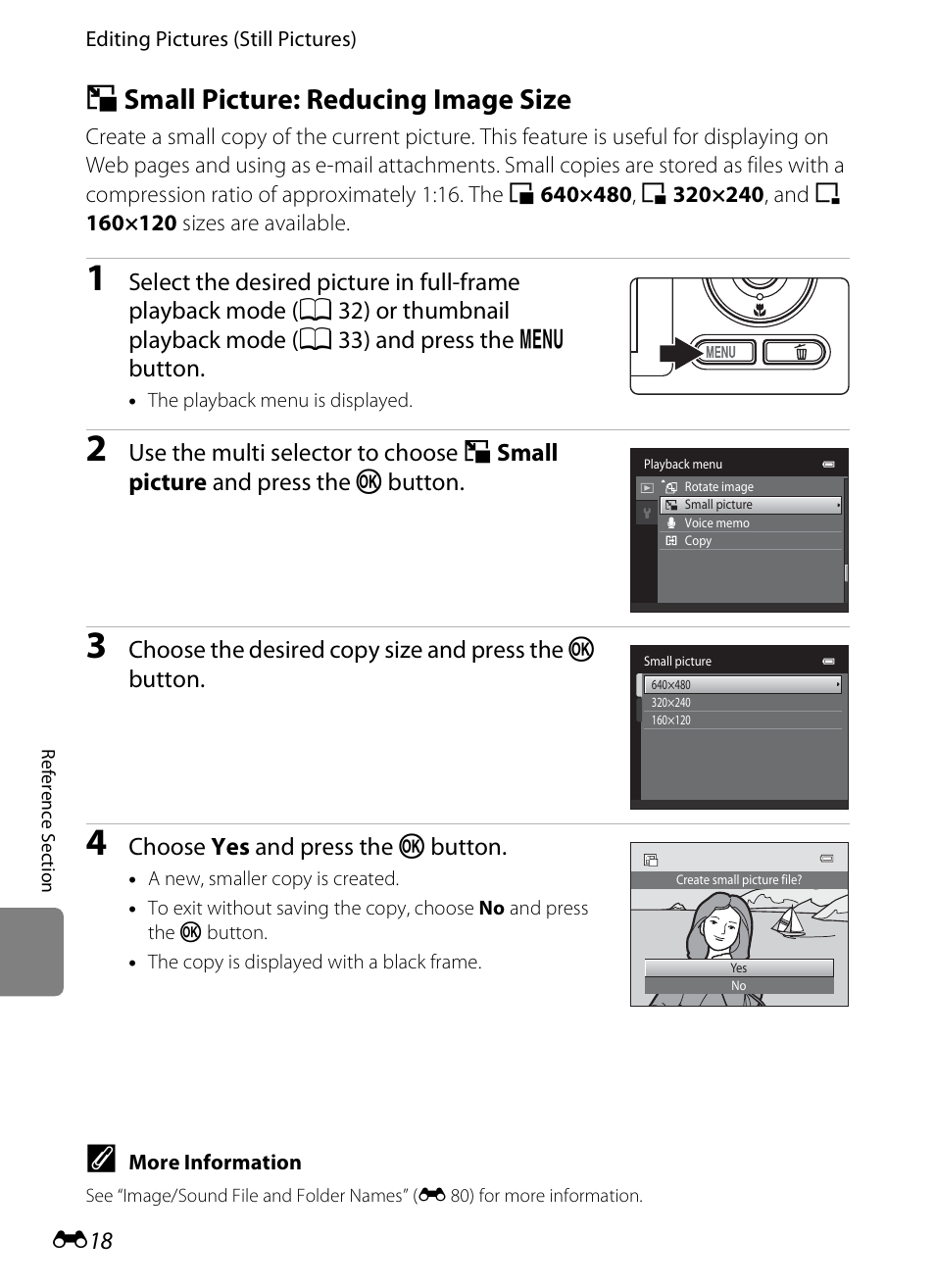 Small picture: reducing image size, G small picture: reducing image size, E 18 | E 18) | Nikon S1200PJ User Manual | Page 136 / 228