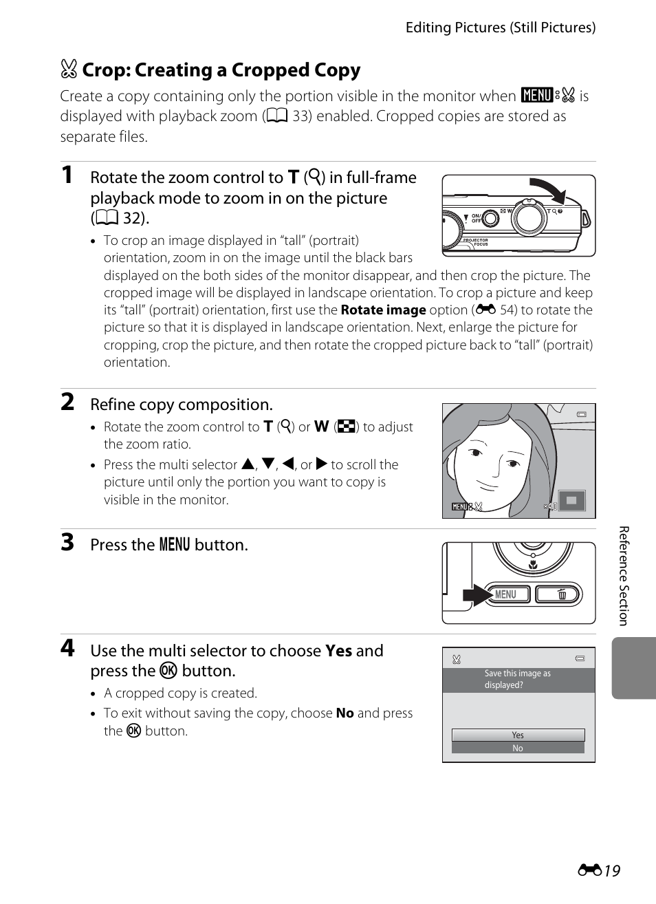 Crop: creating a cropped copy, A crop: creating a cropped copy, E 19) | Nikon S1200PJ User Manual | Page 137 / 228