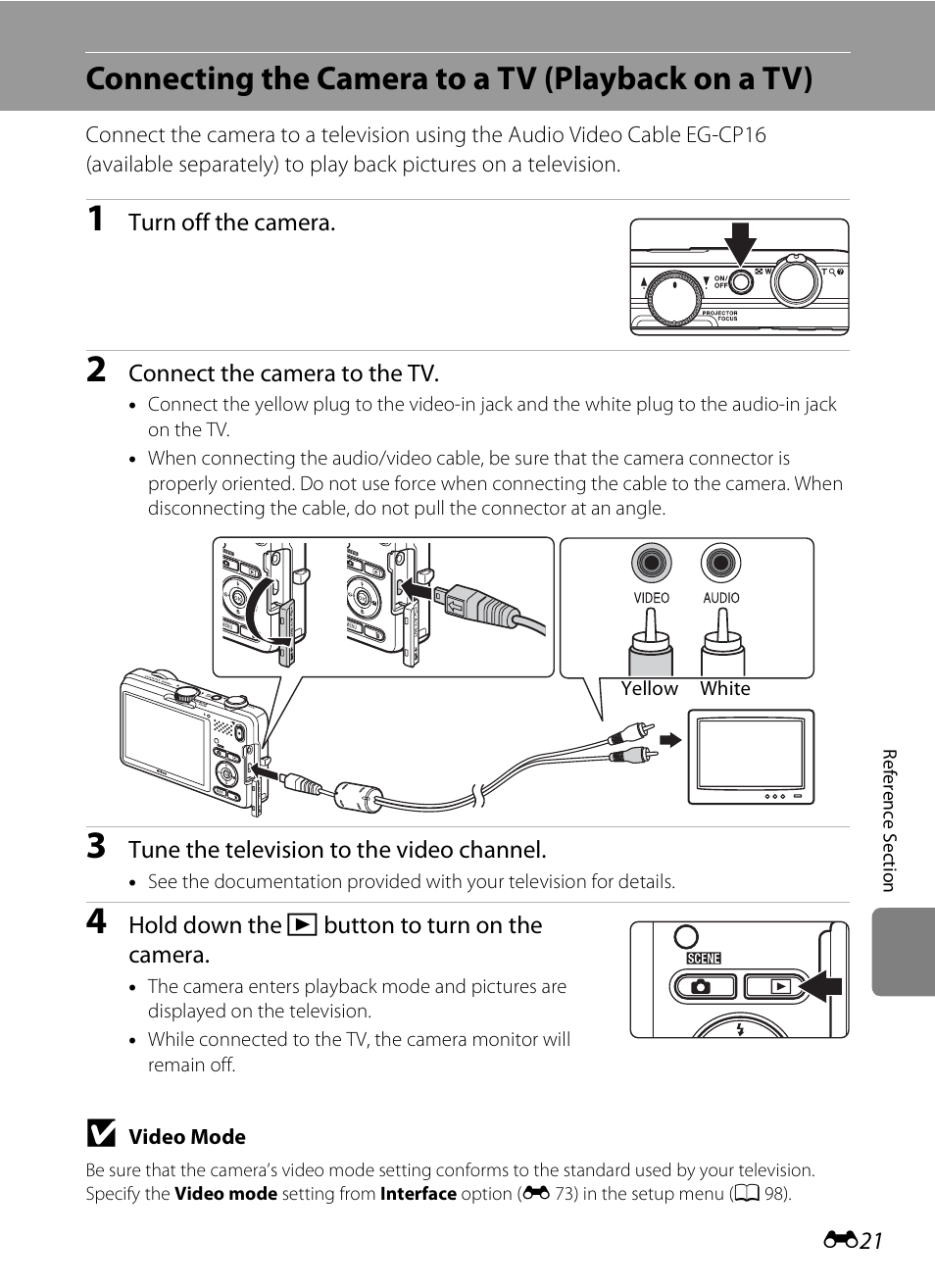 Connecting the camera to a tv (playback on a tv), E 21 | Nikon S1200PJ User Manual | Page 139 / 228