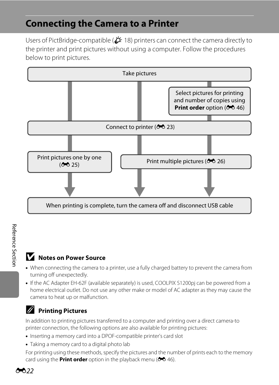 Connecting the camera to a printer, E 22 | Nikon S1200PJ User Manual | Page 140 / 228