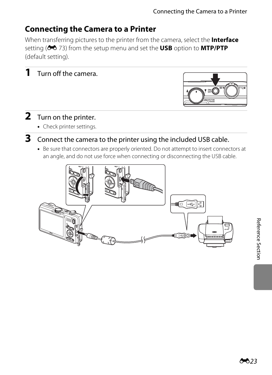 Connecting the camera to a printer, E 23, E 23) | Nikon S1200PJ User Manual | Page 141 / 228