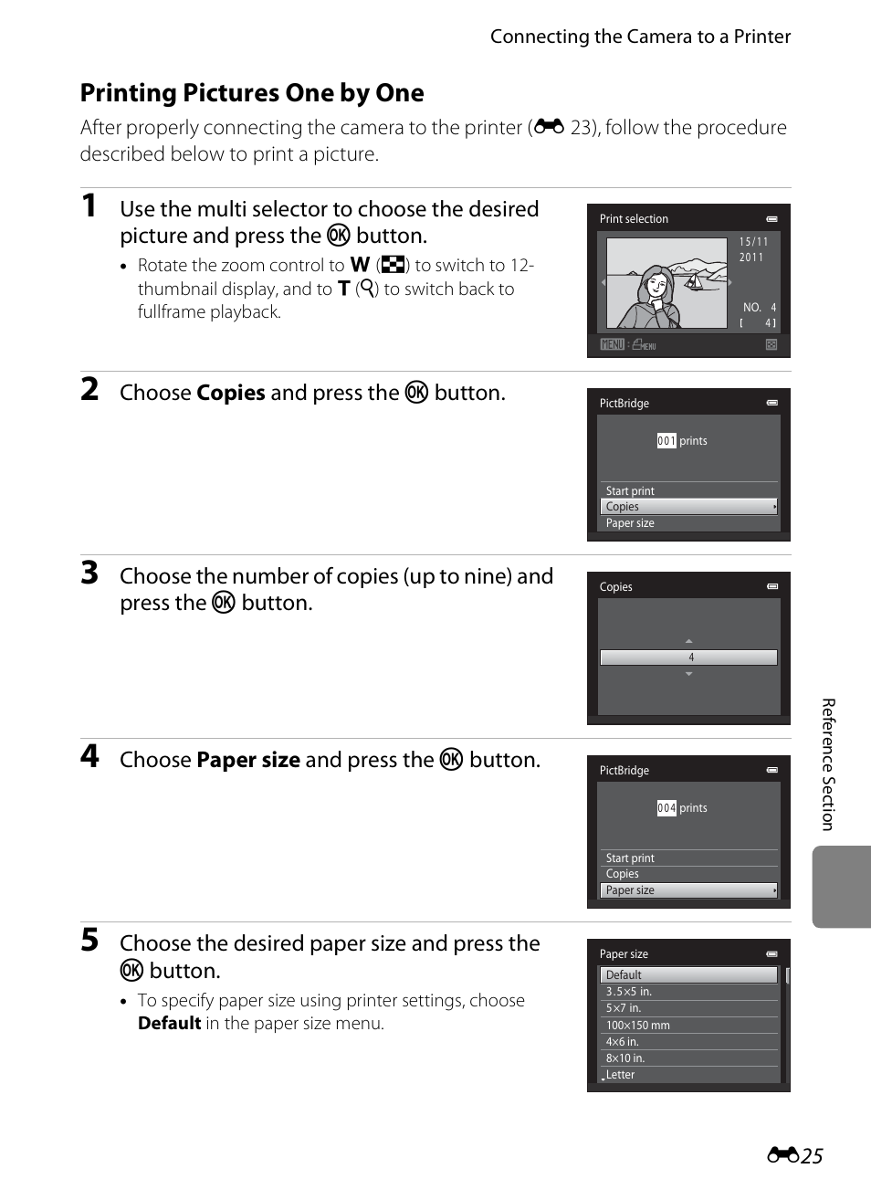 Printing pictures one by one, E 25), Choose copies and press the k button | Choose paper size and press the k button | Nikon S1200PJ User Manual | Page 143 / 228