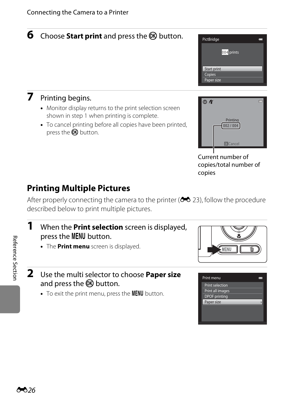 Printing multiple pictures, E 26), Choose start print and press the k button | Printing begins | Nikon S1200PJ User Manual | Page 144 / 228