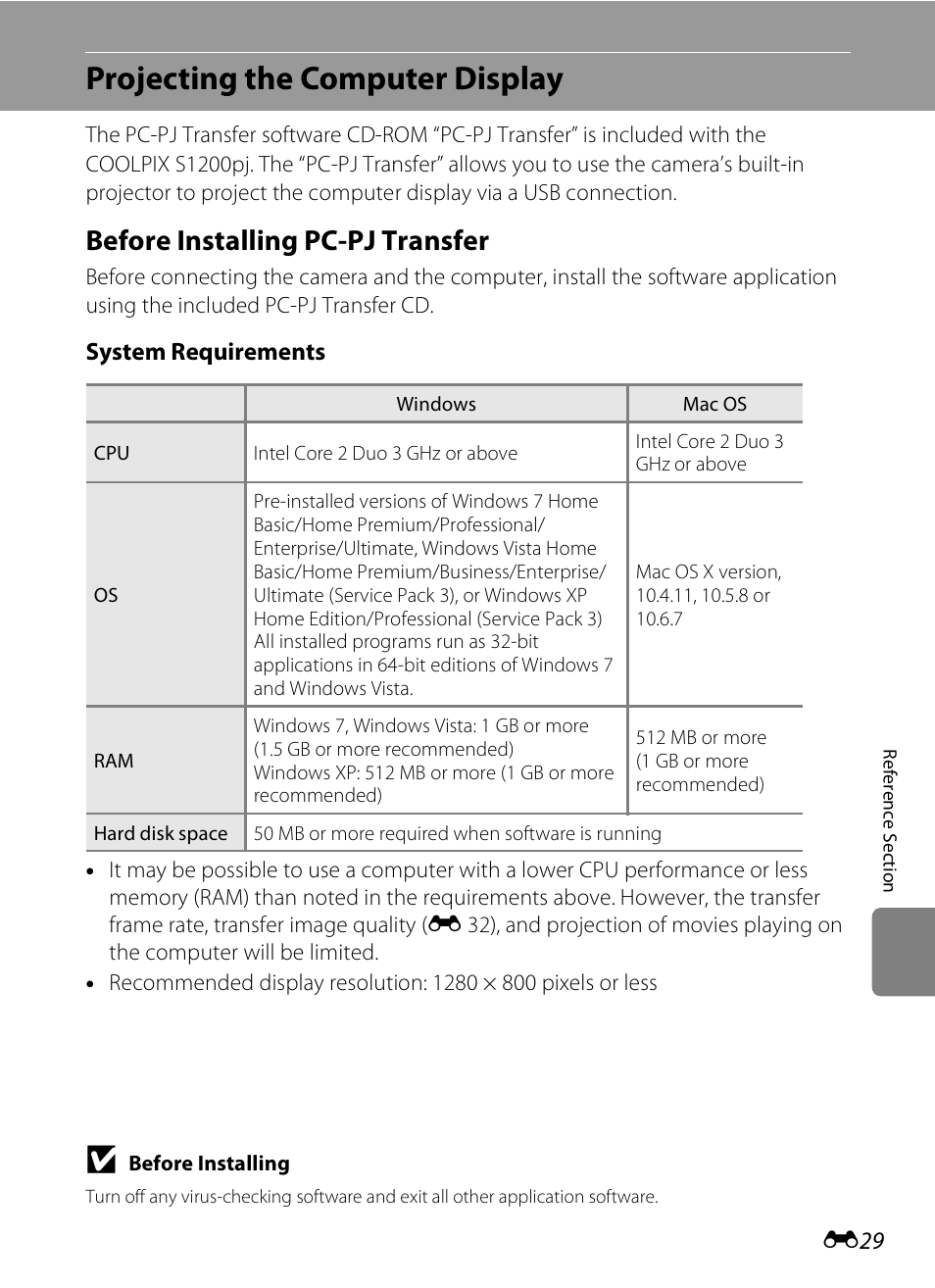 Projecting the computer display, Before installing pc-pj transfer, E 29 | Nikon S1200PJ User Manual | Page 147 / 228